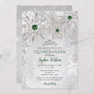 Invitation Silver Green Snowflake Princesse Tiara Quinceañera