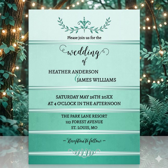 Invitation Silver Green Striped Tone on Tone Wedding (Wedding invitation featuring a painted striped design in tone on tone green with a silver lining)