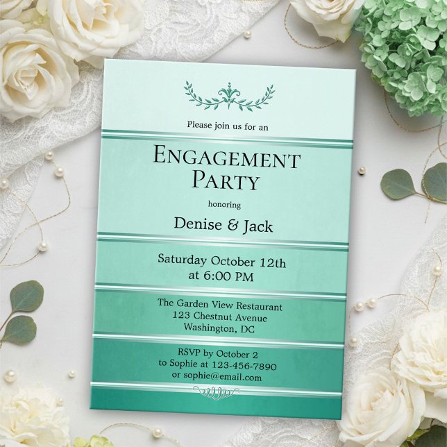 Invitation Silver Green Ton sur Ton Stried Engagement Party (Engagement party invitation featuring painted green tone on tone stripes with a silver lining)
