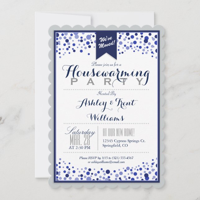Invitation Silver Grey, Blanc, Parti de la Ménage Bleu Marine (Devant)