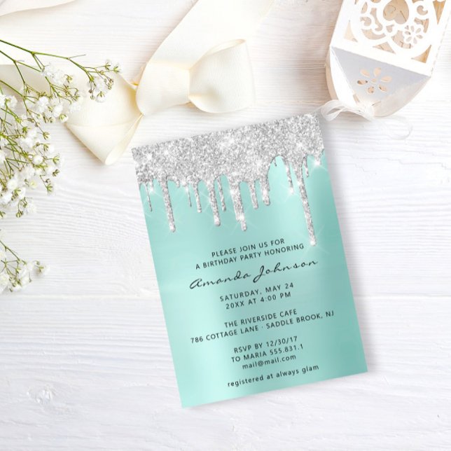 Invitation Silver Grey Blue Parties scintillant Effet Drithda (Silver Gray Tiffany Glitter Effect Drip Birthday Invitation)
