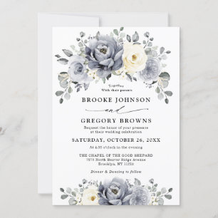 Invitation Silver Grey Ivory Floral hiver Rustique Mariage