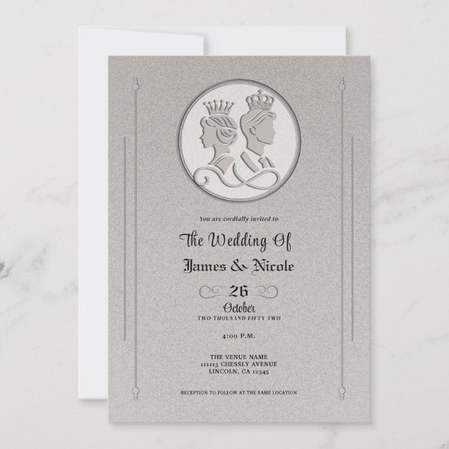 Invitation Silver Grey Royal Storbook King Queen Mariage (Devant)