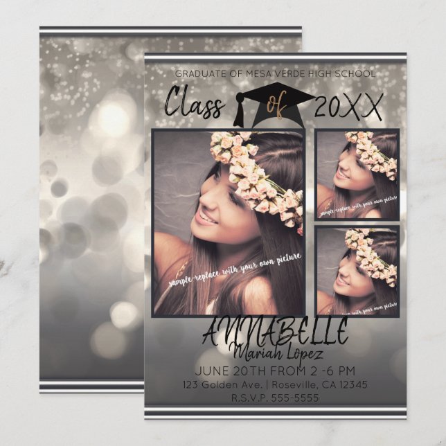 Invitation Silver Grey Sparkle Graduation Photo (Devant / Derrière)
