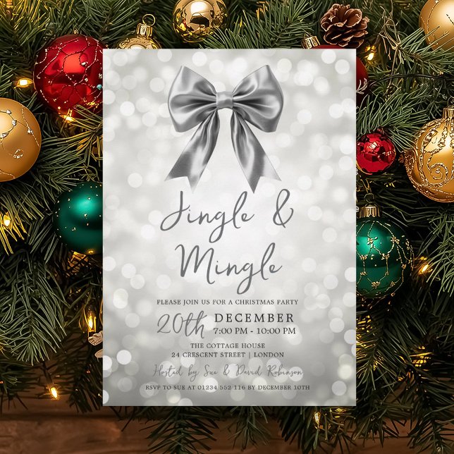 Invitation Silver Jingle Mingle Christmas Party Bow Bokeh (Silver Jingle Mingle Christmas Party Bow Bokeh Invitation)