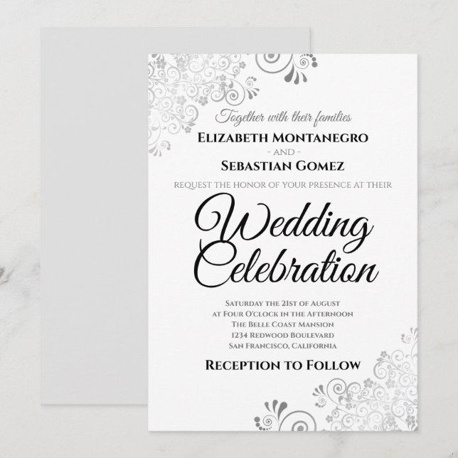 Invitation Silver Lacy Filigree Floral Simple mariage élégant (Devant / Derrière)