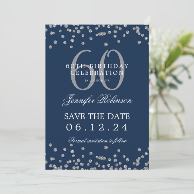 Invitation Silver Navy Blue 60th Birthday Save Date Détails (Debout devant)