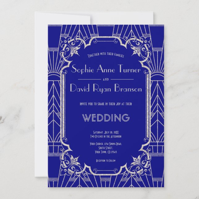 Invitation Silver Navy Blue Great Gatsby Art Déco Mariage des (Devant)