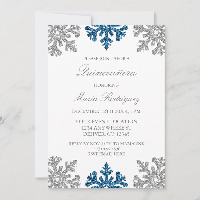 Invitation Silver Navy Blue Snowflake Winter Quinceanera (Devant)