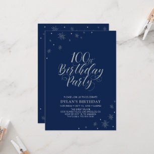 Invitation Silver & Navy Blue Sparkle 100e fête d'anniversair