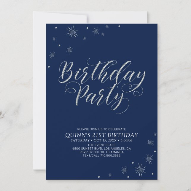 Invitation Silver & Navy Photo moderne Adult Anniversaire Par (Devant)