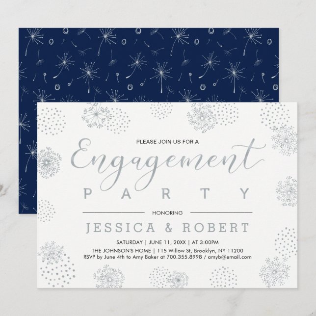 Invitation Silver & Navy | Simple Fête de Fiançailles Moderne (Devant / Derrière)