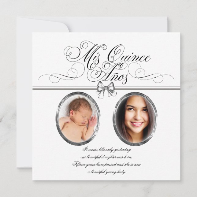 Invitation Silver noir et blanc photo Quinceanera (Devant)