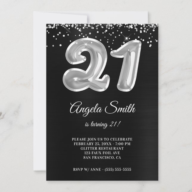 Invitation Silver Parties scintillant Black Foil Numéro 21 An (Devant)