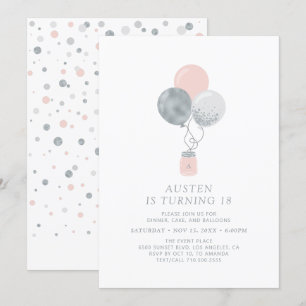Invitation Silver & Pink Balloons Moderne 18e fête d'annivers