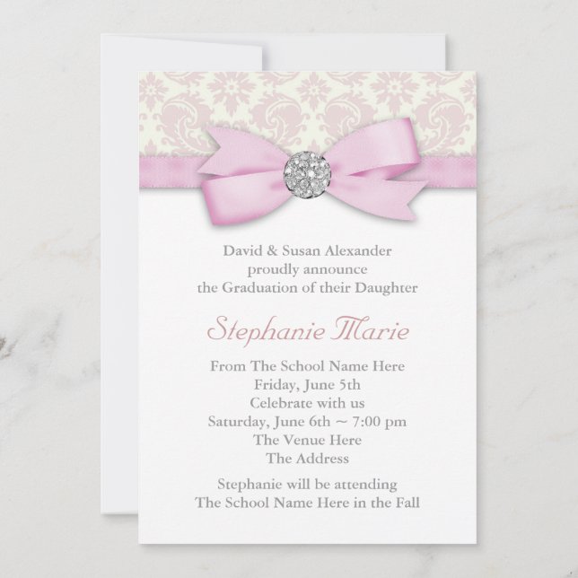 Invitation Silver Pink Damask Photo Annonces de graduation (Dos)