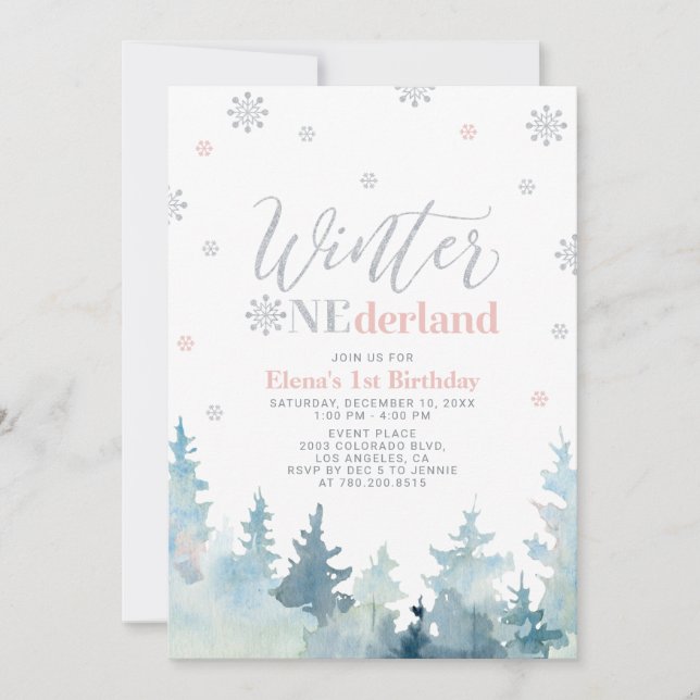 Invitation Silver & Pink Winter onederland 1er anniversaire f (Devant)