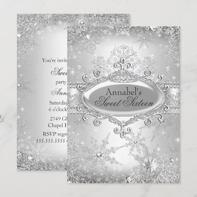 Invitation Silver Princess Winter Wonderland Sweet 16 Invitat (Devant / Derrière)