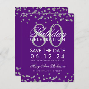 Invitation Silver Purple 80th Birthday Save Date Confetti