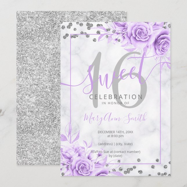 Invitation Silver Purple Floral Sweet 16 Parties scintillant  (Devant / Derrière)