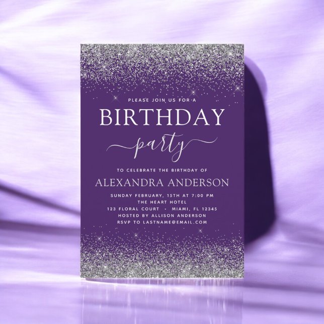 Invitation Silver Purple N'Importe Quel Âge Anniversaire Part (Créateur téléchargé)