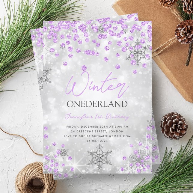 Invitation Silver Purple Winter ONEDERLAND 1er anniversaire (Silver Purple Winter ONEDERLAND 1st Birthday Invitation)