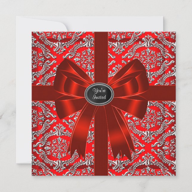 Invitation Silver Red Damask Corporate Christmas Party (Devant)