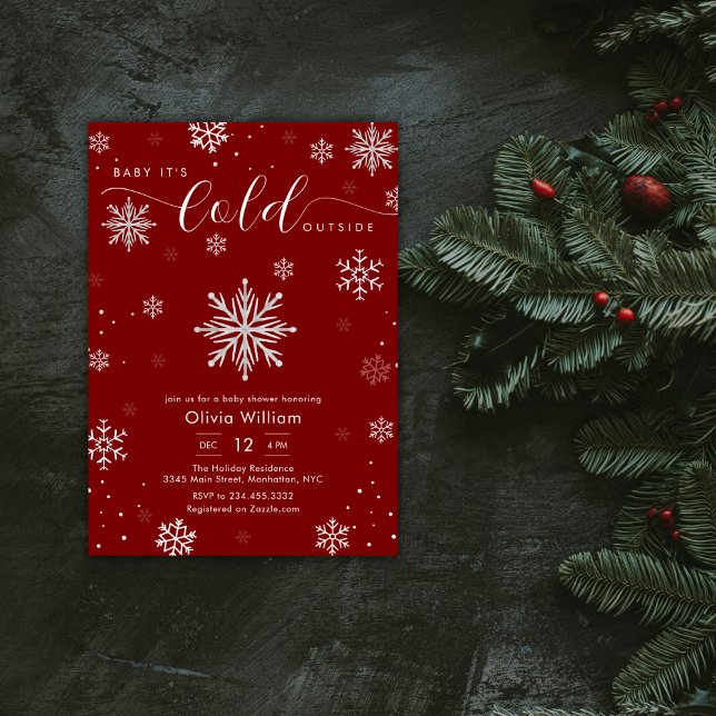 Invitation Silver Red Magical Winter Snowflake Baby Shower  (Silver Red Magical Winter Snowflake Baby Shower Invitation)