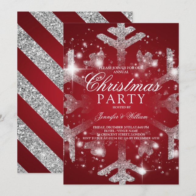 Invitation Silver Red Parties scintillant Snowflake Noël Fête (Devant / Derrière)