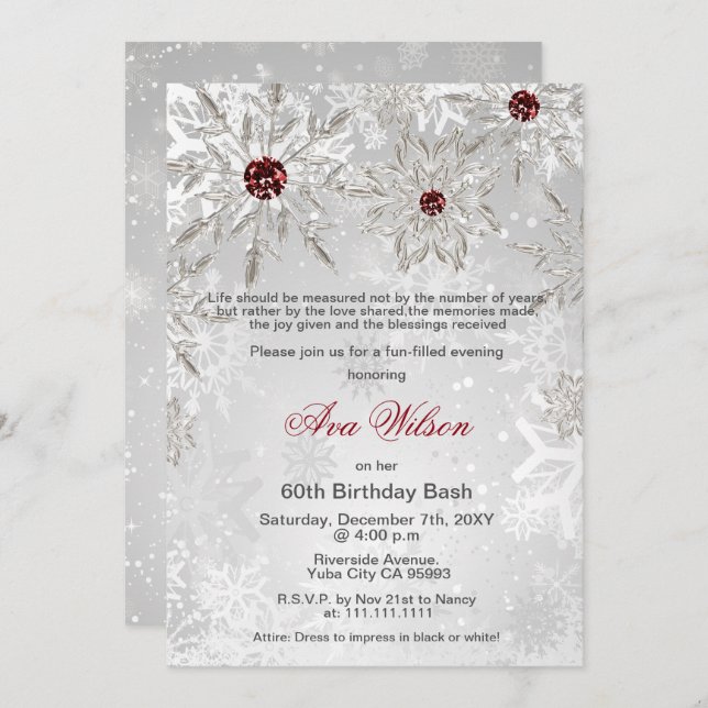 Invitation Silver Red Snowflakes Winter 60th Birthday Party (Devant / Derrière)