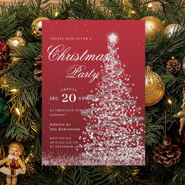 Invitation Silver Red Winter Christmas Tree Holiday Party  (Silver Red Winter Christmas Tree Holiday Party Invitation)