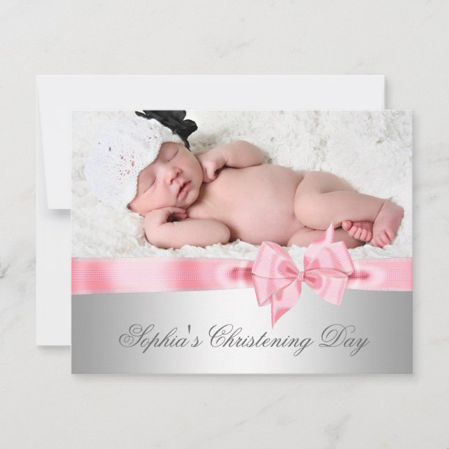 Invitation Silver rose Damask Bow Girl Photo Christening (Devant)