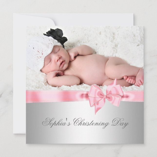 Invitation Silver rose Damask Bow Girl Photo Christening (Devant)