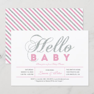 Invitation Silver & Rose   Fille, typographie chic Baby Showe