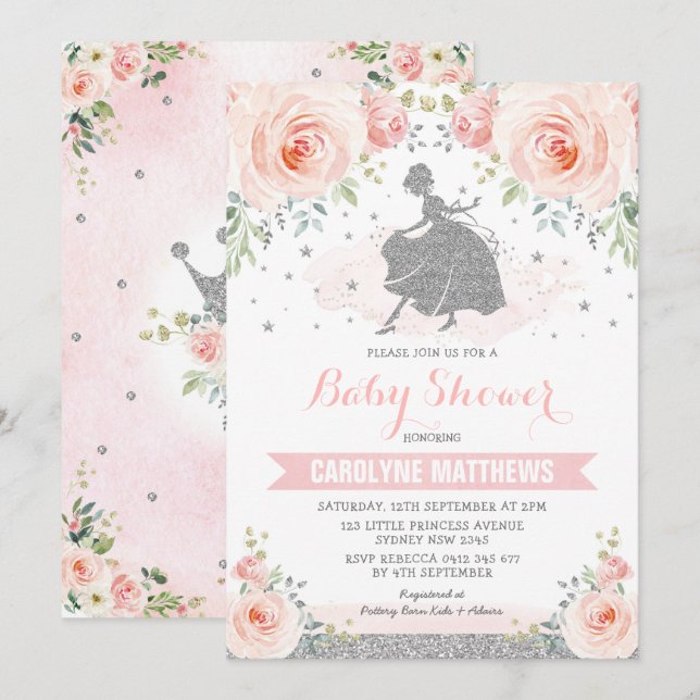 Invitation Silver rose Floral Cendrillon Princesse Baby showe (Devant / Derrière)