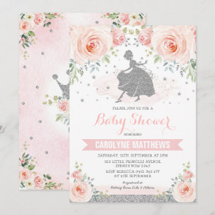 Invitation Silver rose Floral Cendrillon Princesse Baby showe
