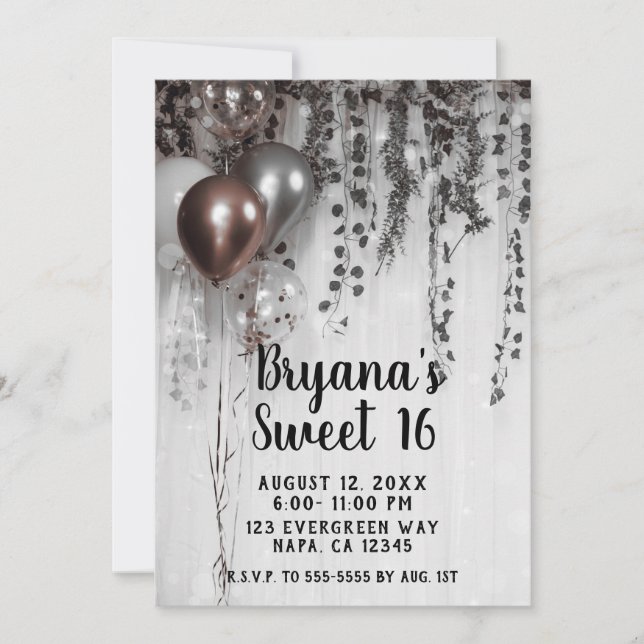 Invitation Silver & Rose Gold Pink Ballons Ivy Sweet 16 (Devant)