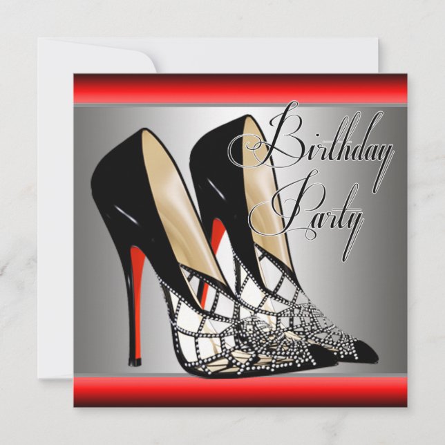 Invitation Silver Rouge Noir Haut talons fête d'anniversaire (Devant)