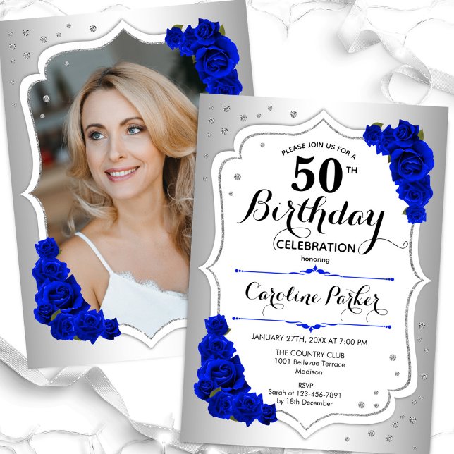 Invitation Silver Royal Blue Photo Elegant 50e anniversaire (Créateur téléchargé)