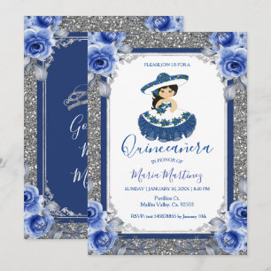 Invitation  Silver Royal Blue Roses Quinceanera 