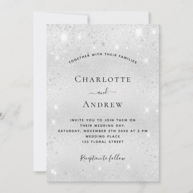 Invitation Silver scintille le code QR mariage RSVP (Devant)
