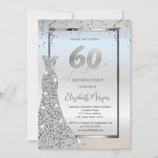Invitation Silver Shiny Diamonds Dress Silver 60th Birthday