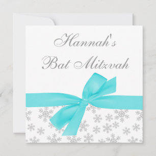 Invitation Silver Snowflakes Turquoise Bow Bat mitzvah