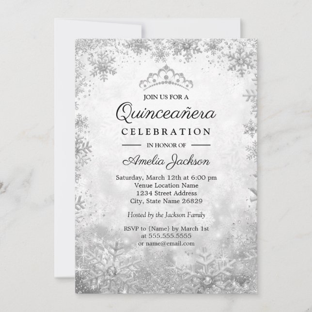 Invitation Silver Snowflakes Winter Wonderland Quinceanera (Devant)