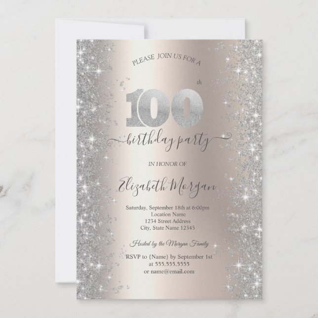 Invitation Silver Sparkle Diamonds ivoire 100e fête d'anniver (Devant)