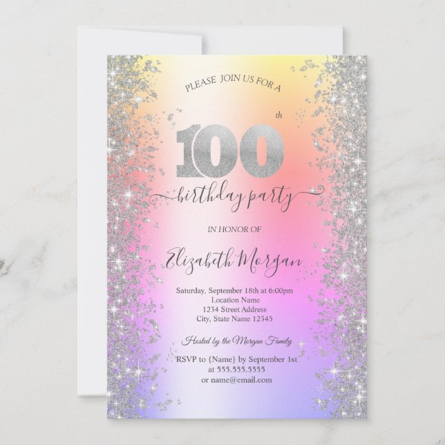 Invitation Silver Sparkle Diamonds Ombre 100e fête d'annivers (Devant)