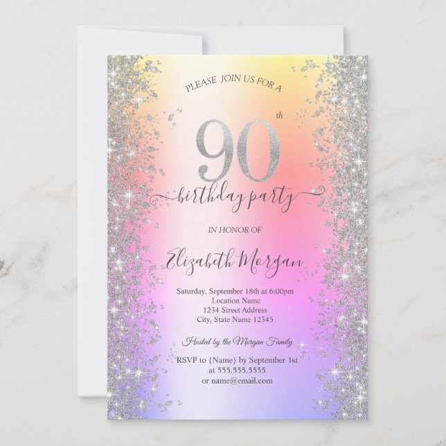 Invitation Silver Sparkle Diamonds Ombre 90e fête d'anniversa (Devant)