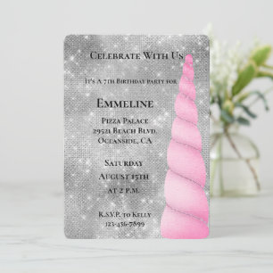 Invitation Silver Sparkle rose Glam Unicorn Anniversaire