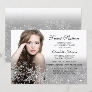 Invitation Silver Sparkle Snowflake Photo Sweet 16