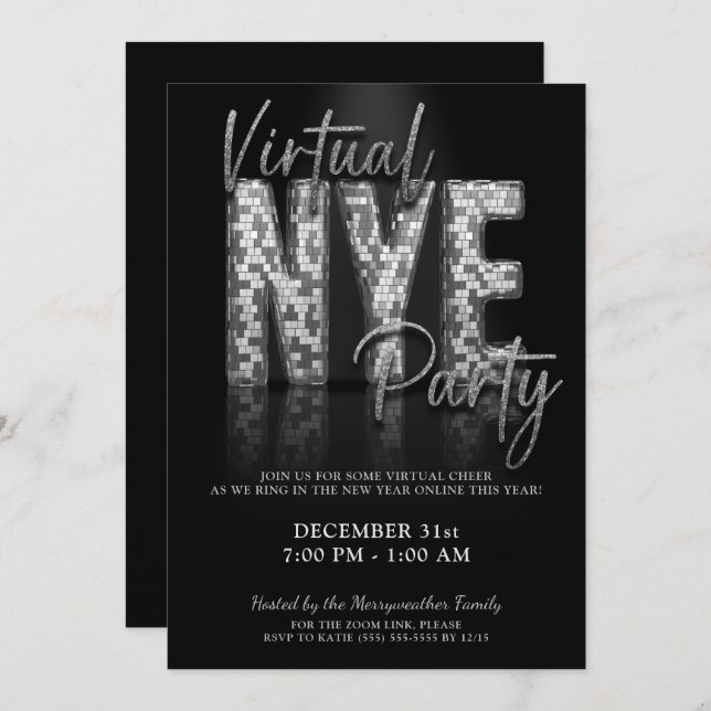 Invitation Silver Sparkle Virtual New Years Eve Party (Devant / Derrière)